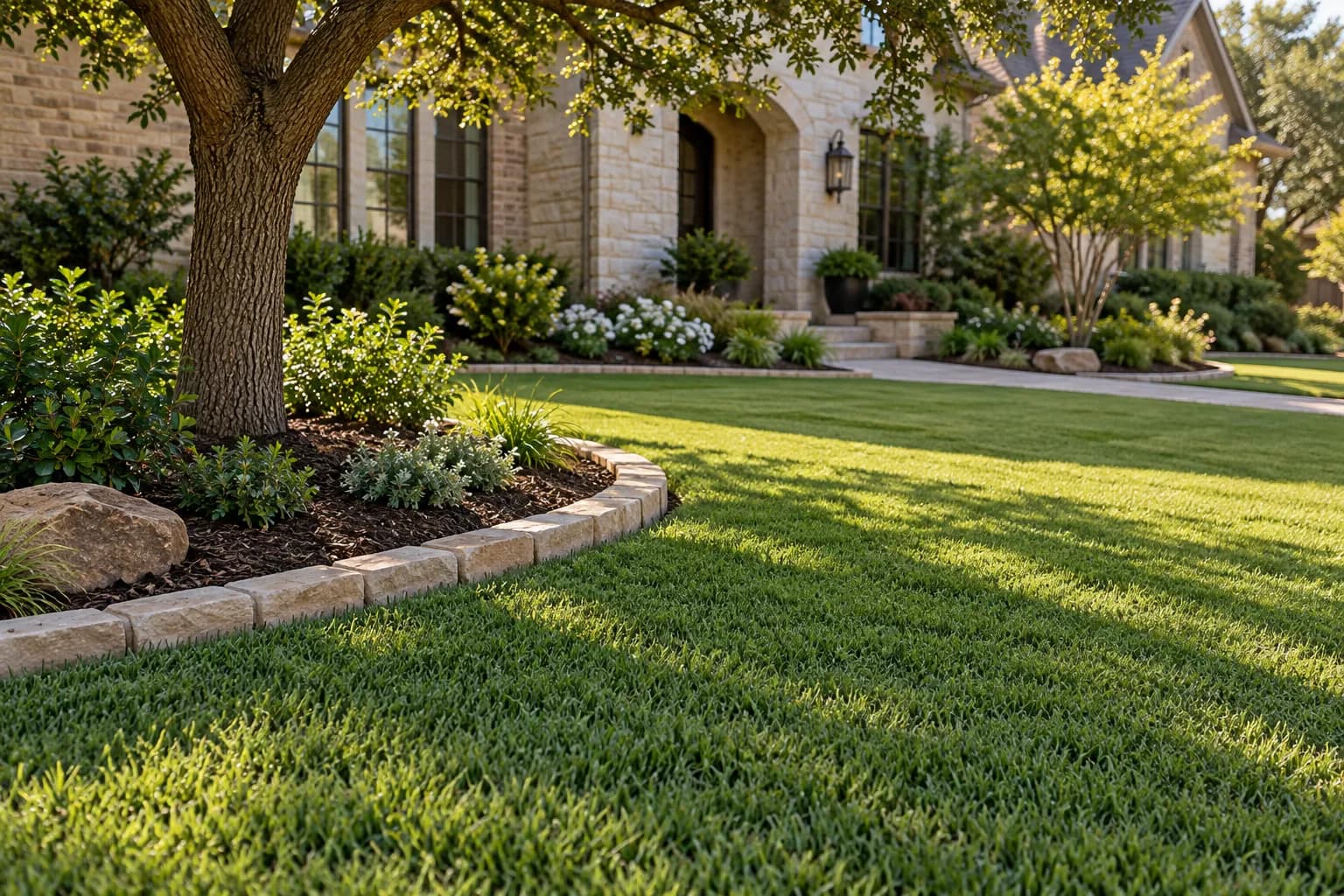 Stone garden edging, fine turf and a live oak mulch ring