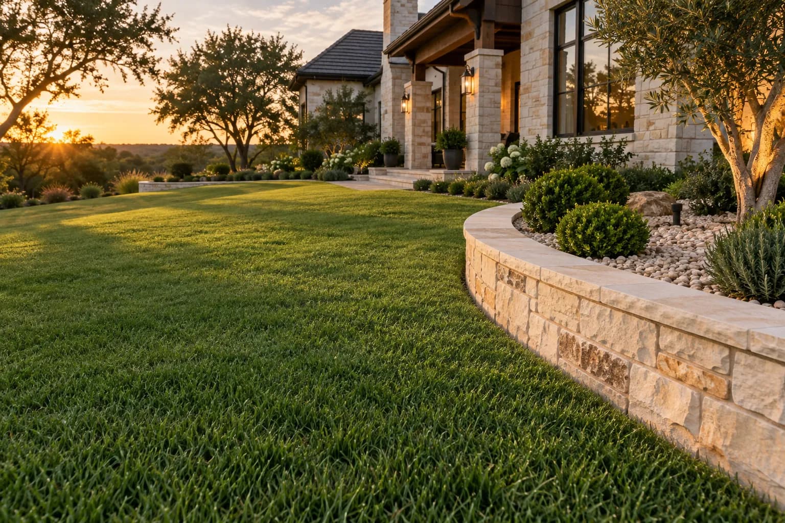 A curved limestone bed border meeting gently graded green turf