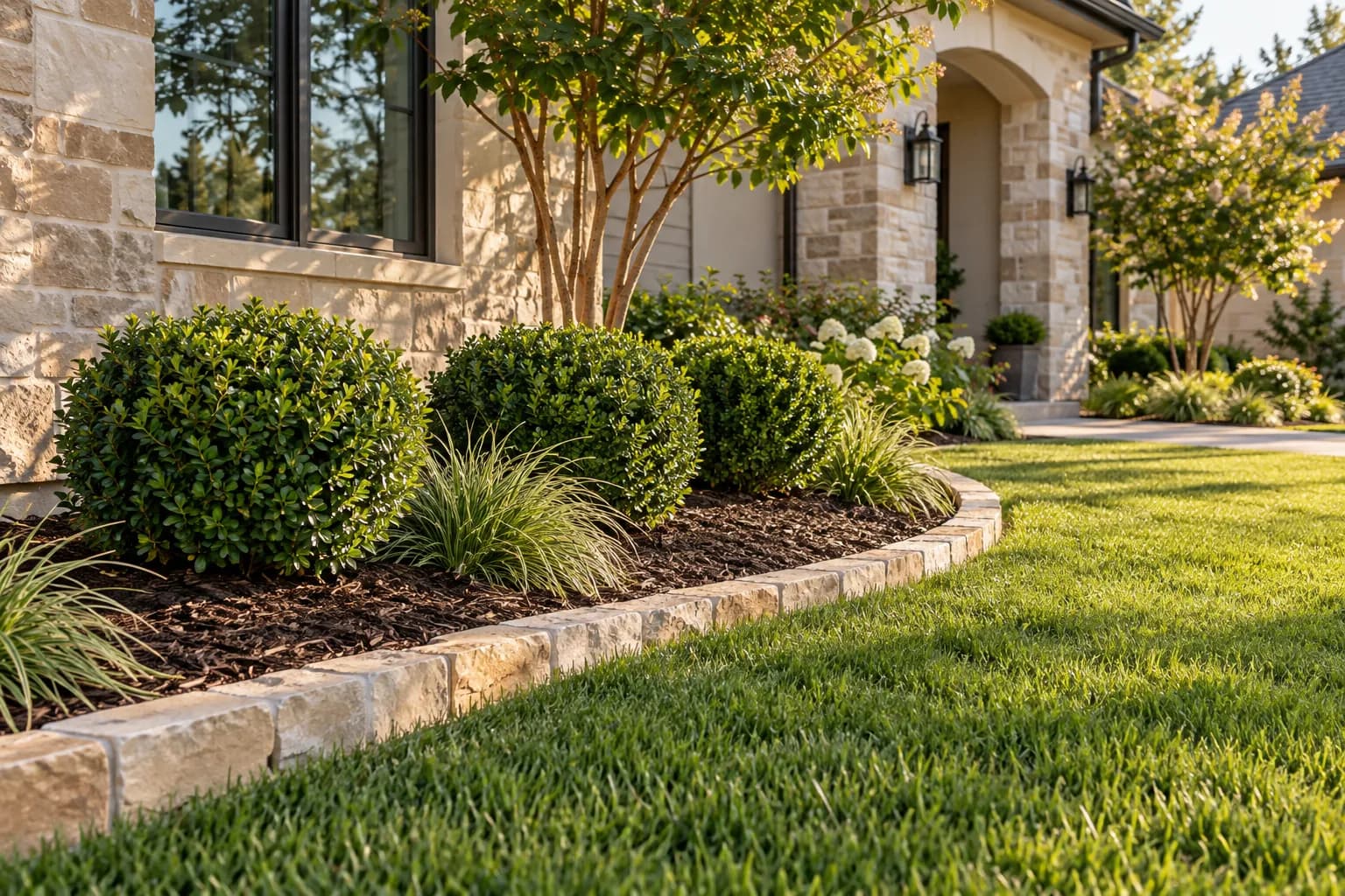 Curved planting bed with clipped shrubs and a defined lawn edge