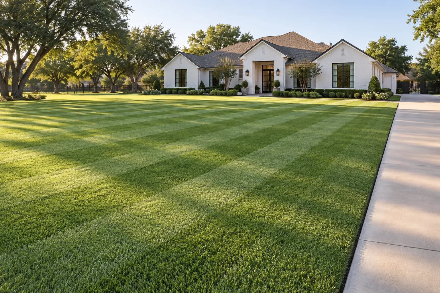 Freshly mowed residential front lawn with diagonal mowing stripes