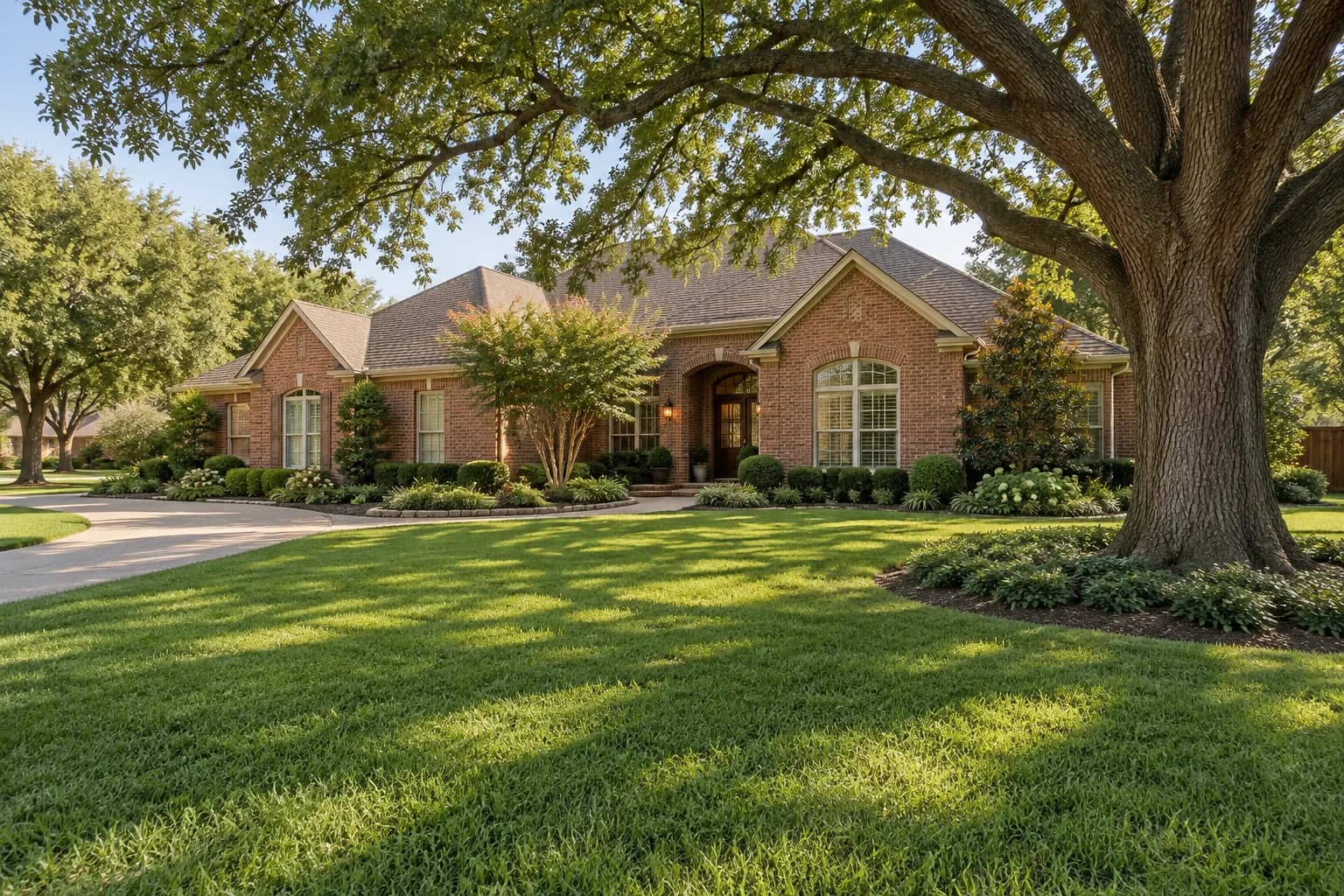 Traditional brick home with a broad lawn and a mature pecan tree