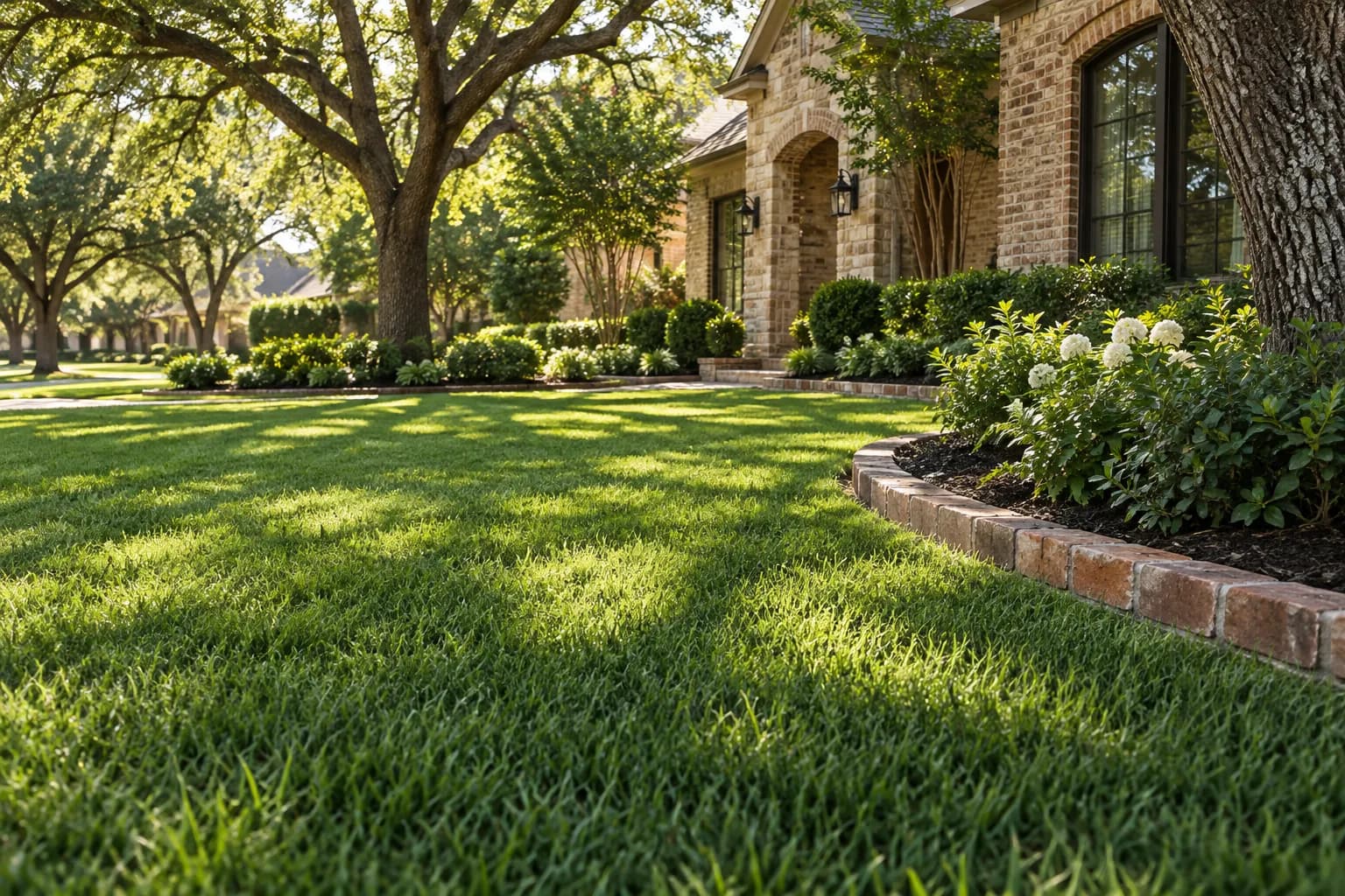 Green lawn, mature oak shade and an aged brick garden border